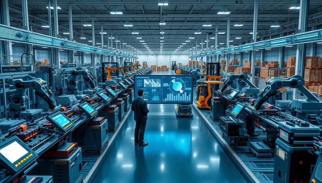 A modern, sleek factory floor with rows of high-tech assembly lines and automated robotic arms efficiently assembling the latest Informic Electronics semiconductors. Vibrant LED displays and holographic control panels provide real-time data on inventory levels, delivery schedules, and production metrics. In the middle ground, logistics managers monitor supply chain analytics on large interactive screens, adjusting parameters to optimize workflows. The background features a sprawling warehouse with autonomous forklifts and drones buzzing about, seamlessly moving materials. Bright, cool-toned lighting illuminates the scene, conveying a sense of technological sophistication and precision.