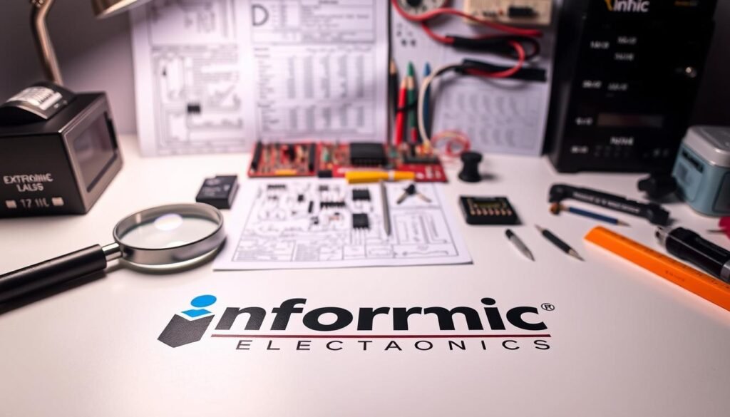 A neatly organized workspace showcasing a variety of cross-reference tools, including a magnifying glass, a ruler, a caliper, and a circuit diagram. The foreground features the Informic Electronics brand logo prominently displayed on a sleek, minimalist desk. In the middle ground, various electronic components and datasheets are carefully arranged, creating a sense of order and precision. The background is softly lit, with subtle shadows and highlights that accentuate the technical nature of the scene. The overall atmosphere conveys a mood of focused, analytical problem-solving, suitable for the "ic cross reference: Tools, Information, and Search Tips" section of the article.