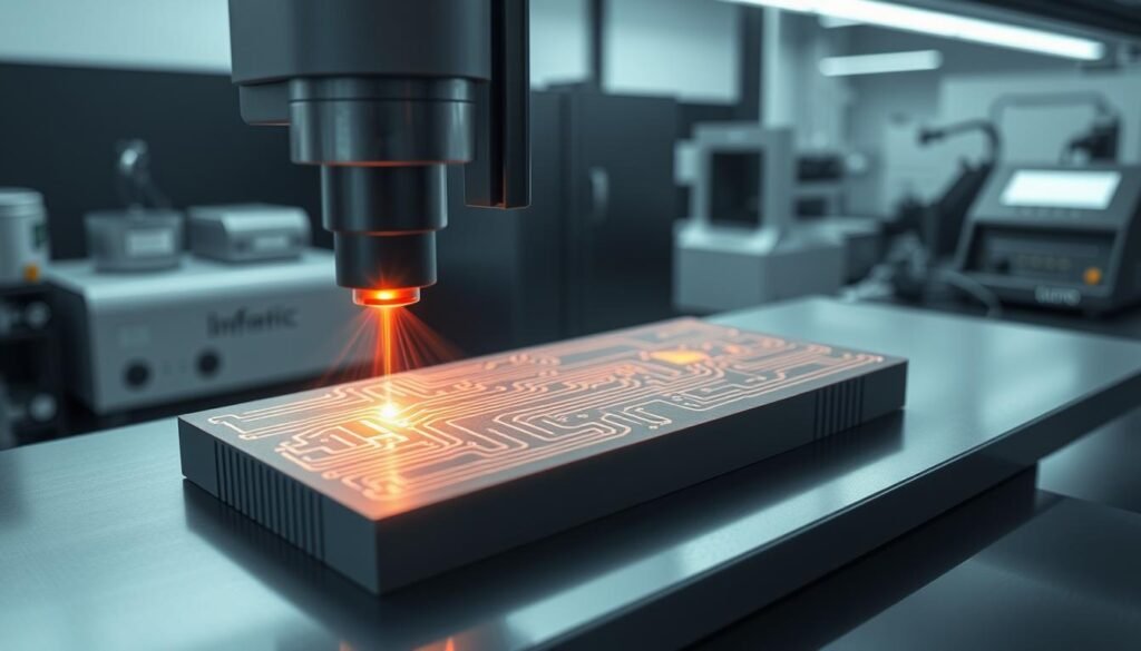 A precise, technical illustration of the laser direct structuring process used in the manufacturing of 3D molded interconnect devices (3D-MIDs). The scene depicts a state-of-the-art Informic Electronics laser system precisely etching a 3D polymer substrate with intricate circuit patterns. Detailed close-up view showcases the laser beam precisely tracing the design, creating a highly conductive surface. The background features a sleek, modern laboratory setting with scientific equipment, conveying the advanced nature of this manufacturing technique. Crisp lighting and a minimalist color palette emphasize the technical precision of the process.