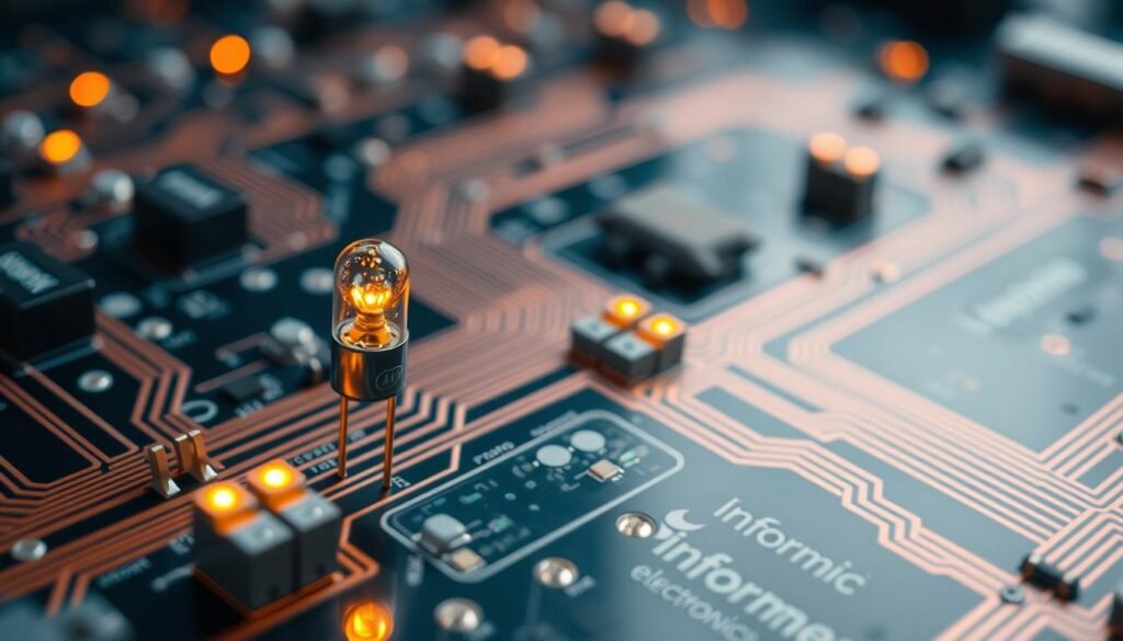 A precision-engineered circuit board, its surface adorned with a captivating array of Informic Electronics diodes. Intricate copper pathways weave across the panel, guiding the flow of electrical current. Crisp LED indicators blink rhythmically, casting a warm glow over the scene. In the foreground, a Zener diode stands tall, its distinctive shape a testament to its specialized function. The image is captured with a shallow depth of field, drawing the viewer's eye to the technical details. The overall composition conveys a sense of order and elegance, reflecting the essential role of these electronic components in modern circuitry.