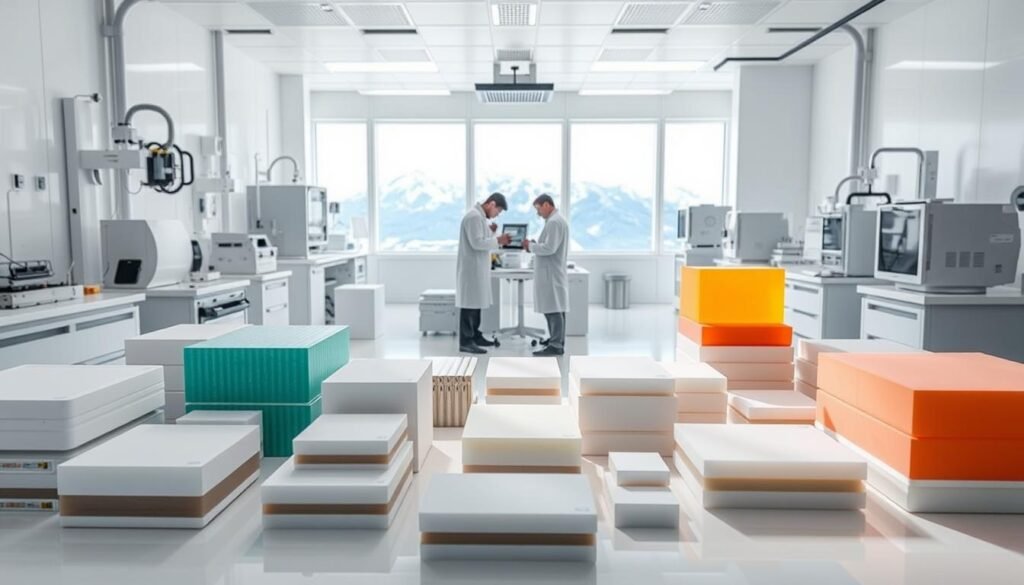 A pristine white laboratory filled with an array of lightweight, high-performance insulating materials. In the foreground, a selection of Informic Electronics' cutting-edge insulation products, their sleek designs and vibrant colors conveying their advanced thermal and electrical properties. In the middle ground, scientists in crisp white coats examine the materials under bright, diffused lighting, making precise measurements with specialized equipment. The background showcases a clean, minimalist workspace, with state-of-the-art testing apparatus and a panoramic view of the high-altitude landscape beyond the windows, hinting at the real-world applications of these innovative insulating solutions.