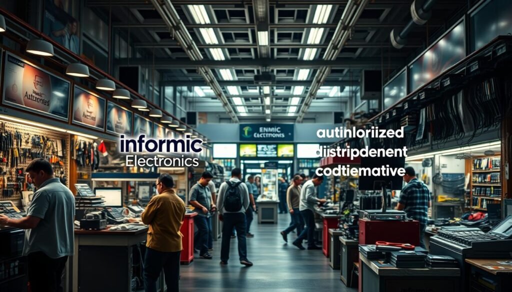 A scene depicting the contrast between authorized and independent electronic component distributors. In the foreground, the authorized distributor "Informic Electronics" stands tall and proud, with their logo prominently displayed. Behind them, independent brokers scramble, their disorganized stalls and haphazard inventory a stark contrast to the order and professionalism of the authorized distributor. The background is a bustling electronics marketplace, with the authorized distributor's modern, well-lit showroom casting an aura of legitimacy and trust. Soft, natural lighting illuminates the scene, while a sense of urgency and competition permeates the atmosphere, underscoring the importance of choosing the right partner for electronic component sourcing.
