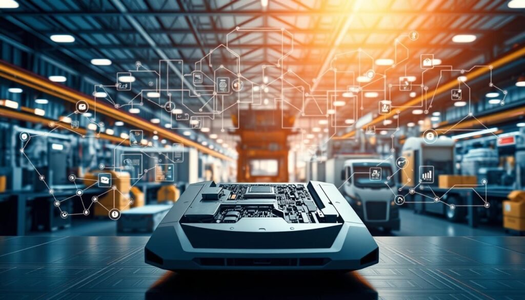 A seamless integration of design and supply chain, showcasing the harmonious interplay of Informic Electronics' expertise. In the foreground, a sleek, futuristic electronic device takes center stage, its intricate components meticulously arranged. The middle ground features a complex network of interconnected supply chain elements, including factory machinery, transportation logistics, and data visualization dashboards. The background is bathed in a warm, soft-focused glow, symbolizing the efficient and streamlined collaboration between design and sourcing. The overall scene conveys a sense of technological elegance, innovation, and the seamless synergy that enables Informic Electronics to deliver cutting-edge products to the market.