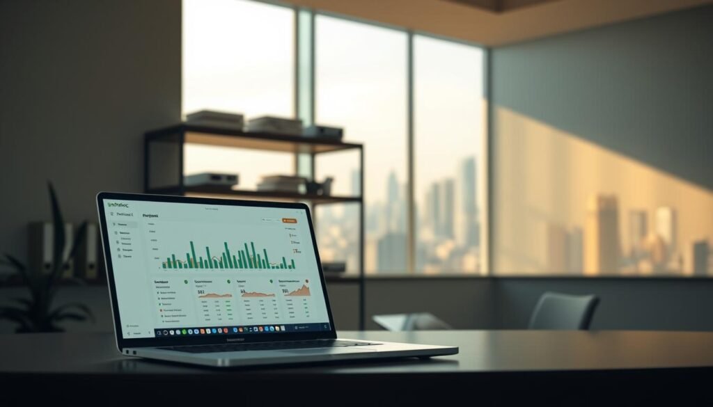 A serene, minimalist office setting, bathed in warm, diffused lighting. In the foreground, a sleek laptop displays a sophisticated supply chain forecasting dashboard, the Informic Electronics logo prominent. Shelves in the middle ground hold neatly organized files and a few discreet, high-tech devices. The background reveals a panoramic view of a bustling city skyline, conveying the global scale of the supply chain. The overall atmosphere is one of professional efficiency and data-driven decision-making.
