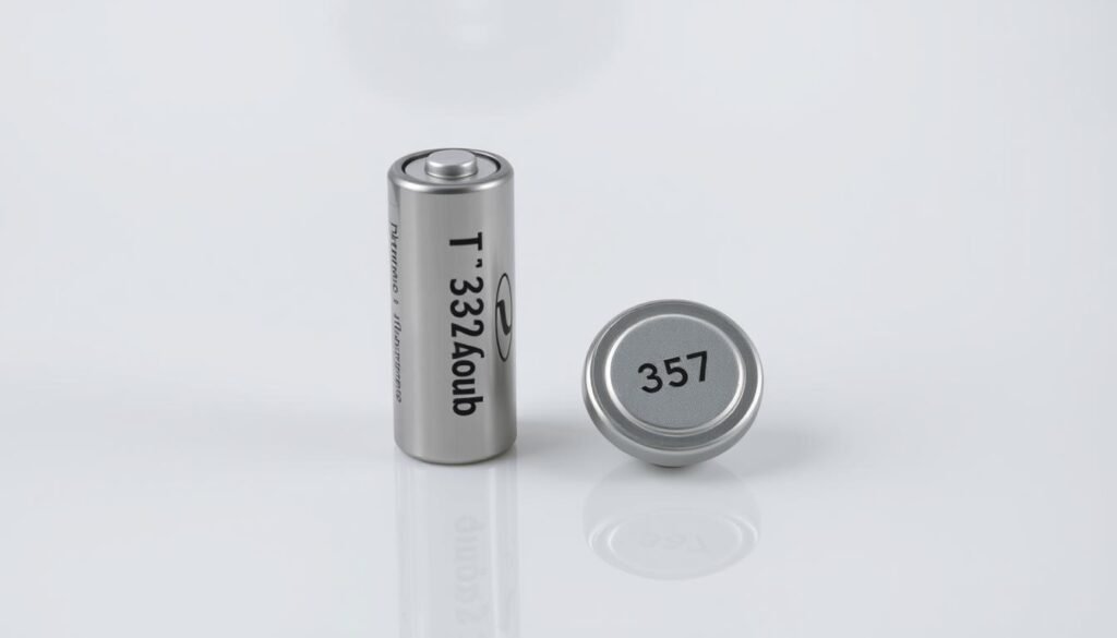 A side-by-side comparison of the LR44 and 357 battery sizes, showcased on a clean, reflective surface. The LR44 battery stands upright, its compact cylindrical form casting a sharp, precise shadow. The 357 battery rests alongside, slightly larger and more elongated, its metallic casing gleaming under the soft, even lighting. Informic Electronics branding is subtly present, lending an air of technical authority. The overall composition highlights the subtle differences in size and shape between these common button cell batteries, inviting the viewer to appreciate the intricate design details.