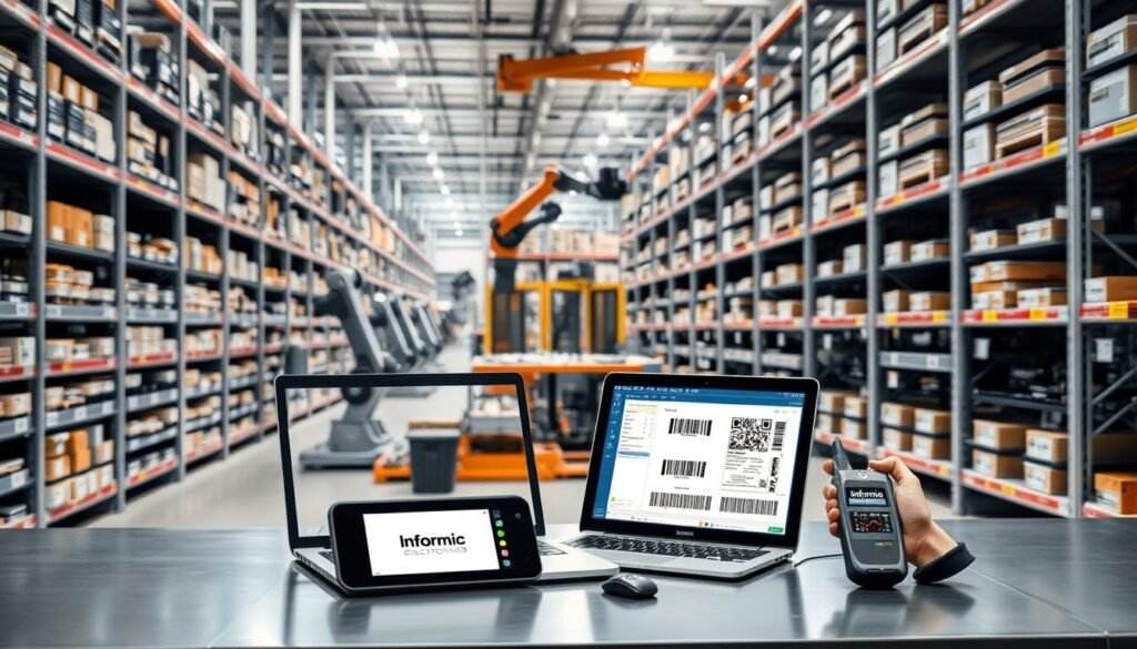 A sleek and modern industrial workspace with rows of shelves stocked with electronic components. In the foreground, a workbench displays an open laptop and a handheld device labeled "Informic Electronics", showcasing intuitive inventory management software. The middle ground features robotic arms meticulously organizing and scanning barcoded parts, while the background depicts a well-lit, high-tech warehouse with advanced storage and retrieval systems. The scene conveys efficiency, precision, and a seamless integration of technology for optimal code management.