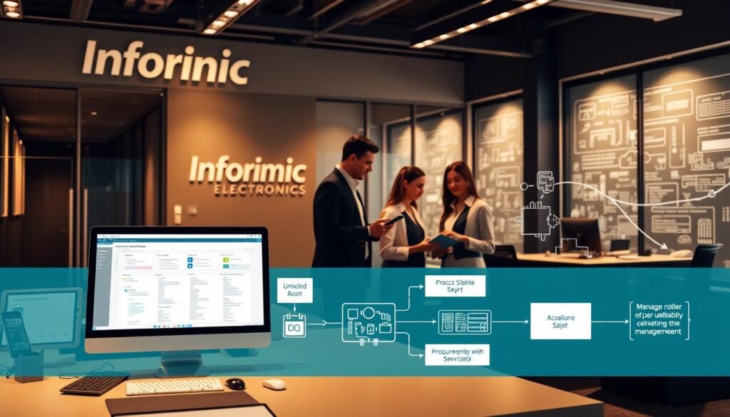 A sleek and modern office setting with Informic Electronics branding prominently displayed. In the foreground, a unified Bill of Materials (BOM) workflow is illustrated with various components, including a computer screen, a tablet, and physical product samples. The middle ground showcases a collaborative team discussion, with engineers and procurement specialists reviewing the BOM data. In the background, a sophisticated supply chain management system is visualized, highlighting the interconnectedness of the BOM process. The scene is bathed in a warm, professional lighting that emphasizes the efficiency and attention to detail of the Informic Electronics' BOM workflow.