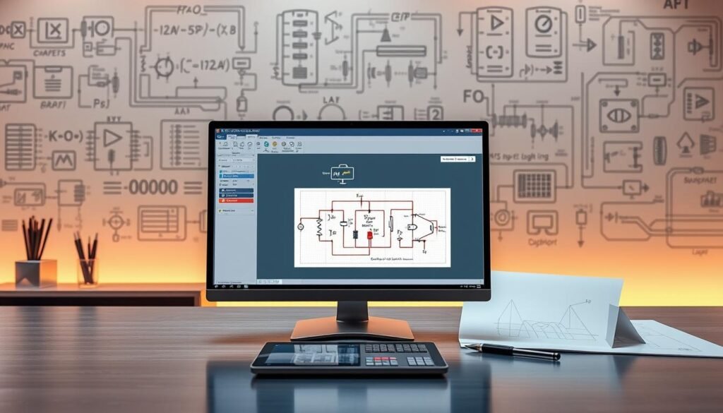 A sleek and modern online circuit analysis tool from Informic Electronics, with a clean, user-friendly interface. The foreground features a desktop computer display showcasing an interactive circuit schematic, its components and measurements. The middle ground depicts a minimalist workspace with a tablet device and drafting tools. The background is filled with subtle technical diagrams, formulas, and schematics, creating an atmosphere of technological sophistication. Warm lighting casts a gentle glow, reflecting off the brushed metal surfaces. The scene conveys a sense of efficiency, precision, and the seamless integration of digital and analog tools for circuit design and analysis.