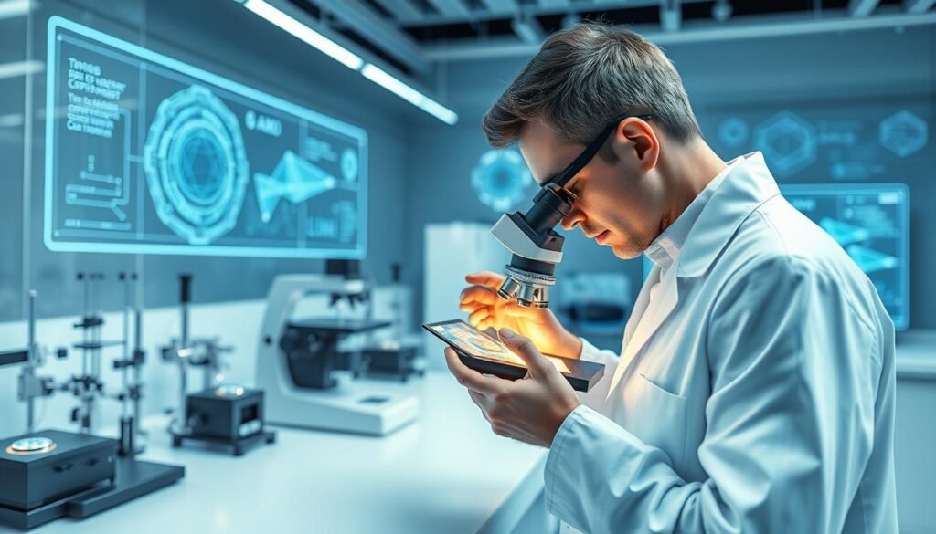A sleek, futuristic laboratory setting with state-of-the-art Informic Electronics optical components. In the foreground, a technician in a clean white lab coat examines a glowing quantum dot display sample under a precision microscope. In the middle ground, complex optical setups and testing equipment showcase the advanced research and development. The background features holographic schematics and 3D-rendered models of quantum dot-based optical systems. Soft, directional lighting creates a sense of scientific elegance and innovation. The overall atmosphere conveys the cutting-edge advancements in quantum dot technology for displays and optical components.