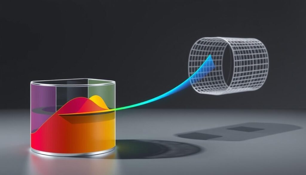 A sleek, high-tech illustration showcasing the frequency range shielding effectiveness of Informic Electronics' RF shielding cans. In the foreground, a cross-sectional view of the can's layered construction, highlighting the precise engineering and materials used to achieve optimal EMI protection across a wide spectrum. The middle ground features a colorful graph displaying the shielding performance curve, with clear demarcations for key frequency ranges. In the background, a minimalist wireframe representation of the can rotates, casting dynamic shadows that accentuate the can's form and design. The overall scene conveys a sense of technical sophistication and engineering excellence.