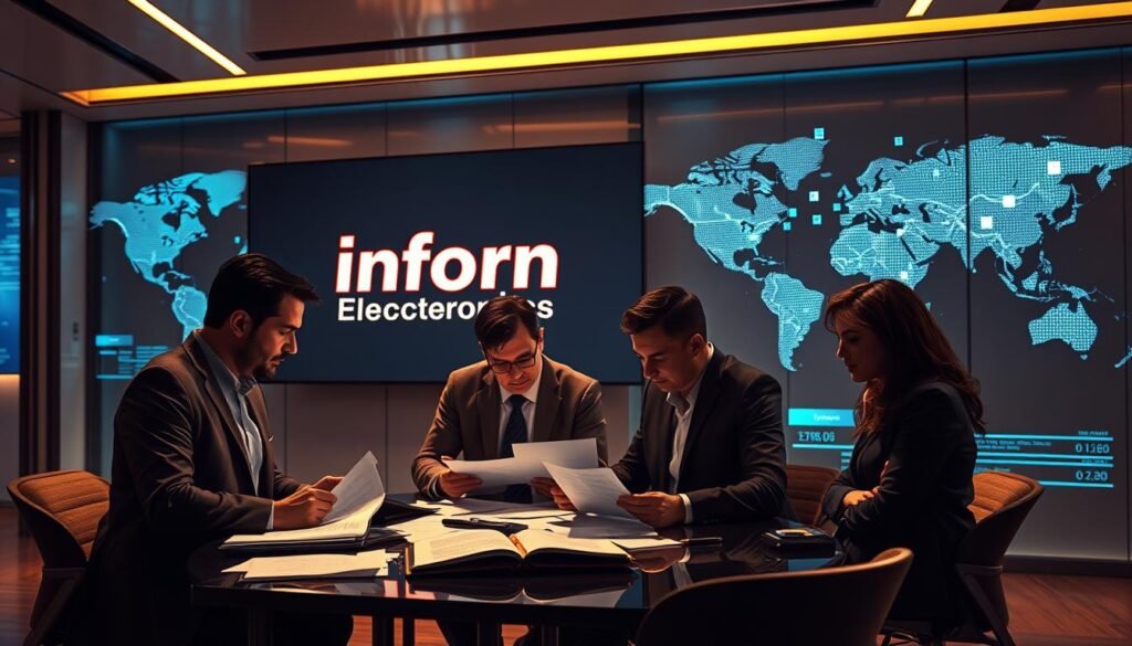 A sleek, high-tech office setting, with a large display screen showcasing the Informic Electronics logo. In the foreground, a team of legal experts pore over documents, discussing enforcement strategies involving the ITC and Lanham Act. Warm, directional lighting casts dramatic shadows, creating a sense of intensity and focus. In the background, a world map and holographic data visualizations hint at the global scale of the "gray market" problem. The atmosphere is one of determined professionalism, as the team devises ways to protect Informic's intellectual property and combat the flow of counterfeit components.