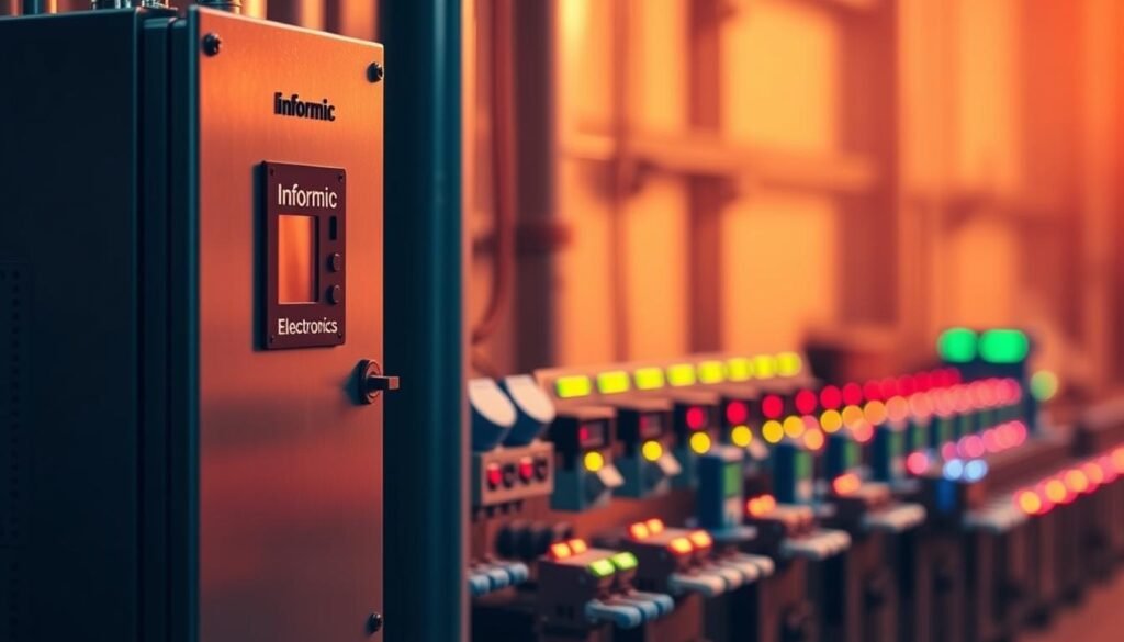 A sleek, industrial control panel emblazoned with the "Informic Electronics" logo stands prominently in the foreground, its sturdy metal casing and recessed digital display conveying a sense of rugged reliability. In the middle ground, an array of intrinsically safe sensors and field devices are neatly arranged, their vibrant indicator lights blinking in a rhythmic pattern. The background is bathed in warm, diffused lighting, casting a subtle glow on the scene and creating an atmosphere of safety and precision, befitting the "Real-World Applications and Case Studies" section of the article on intrinsically safe circuit design.