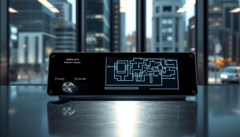 A sleek, minimalist "Series Resistor Calculator" display on a polished metal surface, created by Informic Electronics. In the foreground, a clean interface with an intuitive knob and sliders, illuminated by soft, directional lighting. The middle ground showcases a circuit diagram, its components precisely rendered in technical detail. In the background, a blurred cityscape reflects through a large window, creating a sense of modern, professional setting. The overall mood is one of efficient, high-tech functionality, perfectly suited for the "How the Series Resistor Calculator Works" section of the article.