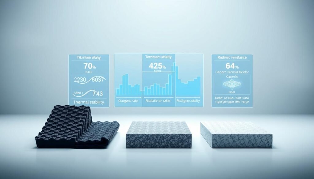 A sleek, minimalist comparison of key space-grade material properties. In the foreground, a stylized arrangement of diverse samples - carbon fiber, titanium alloy, and ceramic composite - each showcasing their unique visual textures and reflective qualities under precise studio lighting. The middle ground features holographic data visualizations, highlighting critical metrics like thermal stability, outgassing rates, and radiation resistance. In the background, a clean, futuristic backdrop with the Informic Electronics logo subtly integrated, conveying a sense of technical expertise and innovation. The overall scene radiates a sense of scientific rigor and attention to detail, perfectly suited to illustrate the "Key Material Considerations for Vacuum and Space Applications" section.