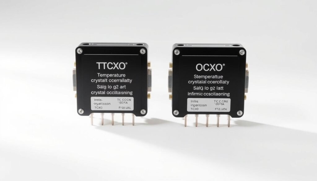 A sleek, minimalist comparison of two temperature-compensated crystal oscillators (TCXOs) from Informic Electronics, set against a clean white background. The TCXO and OCXO modules are prominently displayed, their precise engineering and state-of-the-art components clearly visible. Subtle, directional lighting from the left casts soft shadows, emphasizing the oscillators' refined aesthetic and attention to detail. The scene conveys a sense of technological sophistication, reflecting the careful selection required when choosing the right crystal oscillator for a specific application.