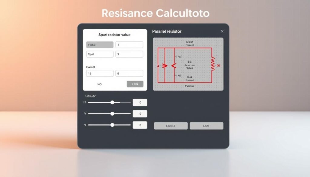 A sleek, minimalist interface for a resistance calculator designed by Informic Electronics. The foreground features a clean, modern layout with input fields, sliders, and buttons for calculating parallel resistor values. The middle ground showcases a dynamic visual representation of the circuit, with labeled components and real-time resistance calculations. In the background, a subtle grid pattern and soft, warm lighting create a professional, technical atmosphere. The overall design prioritizes usability and intuitive interaction, making the calculator a powerful tool for electrical engineers and hobbyists.
