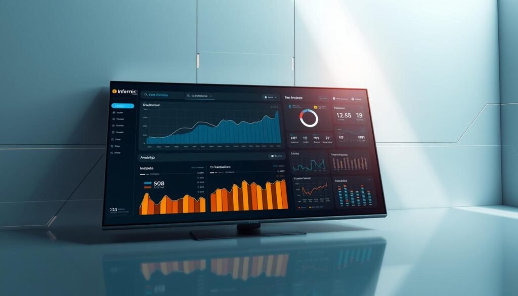 A sleek, modern data analytics dashboard displaying real-time insights on a high-resolution display. The dashboard is set against a minimalist, futuristic backdrop with clean lines and subtle geometric patterns. Informic Electronics branding is seamlessly integrated into the interface, showcasing their cutting-edge AI-powered solutions. Soft, directional lighting illuminates the scene, creating depth and emphasizing the crisp data visualizations. The overall atmosphere conveys a sense of efficiency, innovation, and technological prowess.