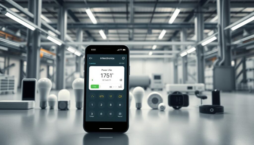 A sleek, modern device power management interface showcasing the "Informic Electronics" brand. In the foreground, a smartphone or tablet display presents a battery life calculator, with intuitive controls and visualizations. The middle ground features various IoT devices like smart bulbs, thermostats, and wearables, all connected to the power management system. In the background, a minimalist industrial setting with clean lines and muted tones, emphasizing the efficient, high-tech nature of the solution. Soft, indirect lighting creates a calming, professional atmosphere, while carefully composed camera angles highlight the seamless integration of technology into everyday life.