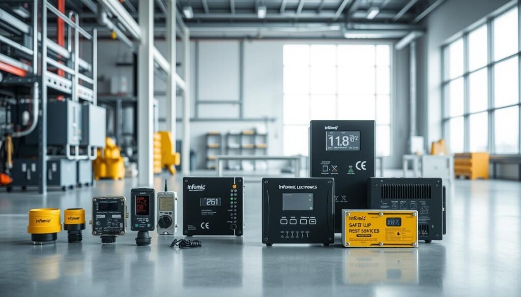 A sleek, modern industrial setting with Informic Electronics' cost-saving, intrinsically safe equipment prominently displayed. The foreground features various sensors, control modules, and communication devices, all showcasing the brand's commitment to safety and efficiency. The middle ground depicts a well-lit, minimalist workspace, hinting at the practical applications of these products. In the background, a clean, minimalist architectural design with large windows allows natural light to flood the space, creating a sense of openness and innovation. The overall mood is one of professional competence, technological sophistication, and a keen focus on cost-effective solutions for intrinsically safe audio applications.