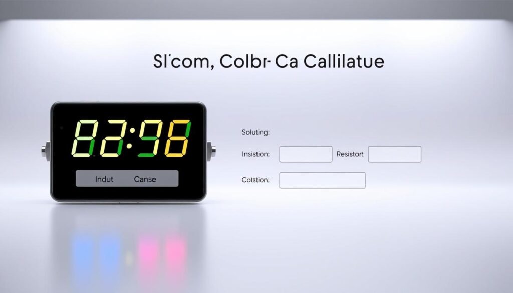 A sleek, modern interface for a resistor color code calculator by Informic Electronics, showcasing a clean and intuitive design. In the foreground, a digital display prominently features the calculated resistance value, with color-coded bands mirroring the physical resistor. The middle ground features a minimalist layout of input fields and controls, allowing the user to easily input the resistor's color bands. The background features a soft, gradient-based texture, creating a sense of depth and sophistication. Subtle lighting highlights the interface's clean lines and crisp, high-contrast elements, reinforcing the tool's precision and functionality. The overall aesthetic conveys a professional, technical, and user-friendly experience for anyone needing to quickly determine a resistor's resistance.