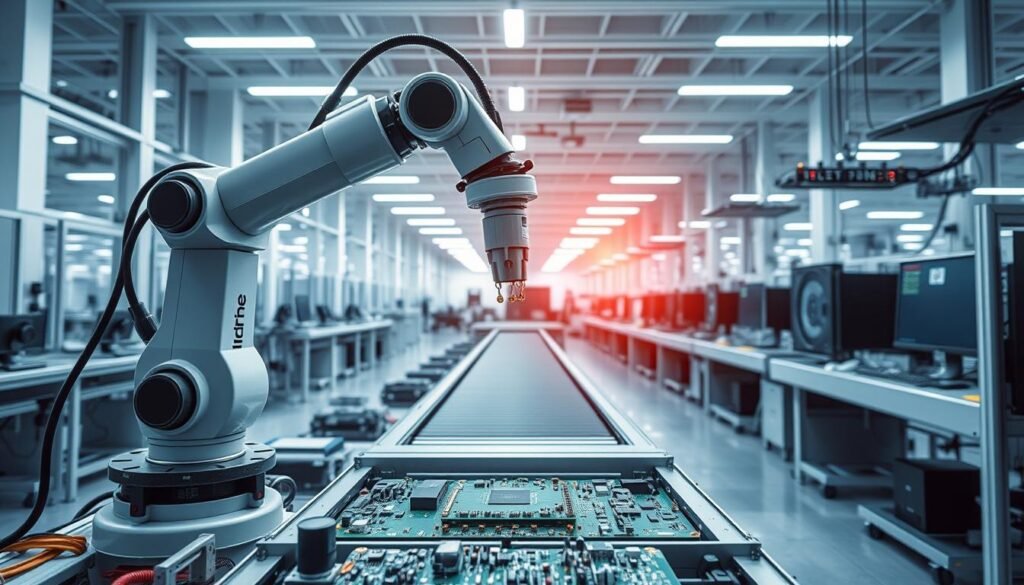 A sleek, modern manufacturing facility, the interior bathed in cool, indirect lighting. In the foreground, a state-of-the-art robotic arm precisely assembles a printed circuit board (PCBA) for the Informic Electronics brand. The middle ground reveals an automated conveyor system, efficiently transporting components and finished boards. In the background, rows of high-tech workstations and diagnostics equipment, all working in harmony to streamline the procurement and production process. The scene conveys a sense of technological sophistication, efficiency, and the future of PCBA automation.