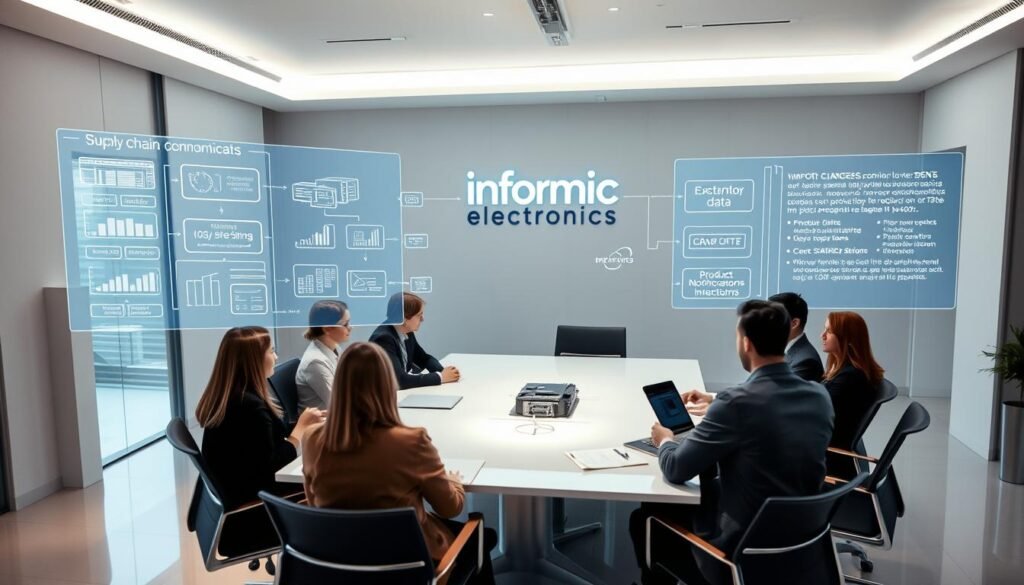 A sleek, modern office interior with clean lines and minimalist design. In the foreground, a team of professionals gathered around a conference table, intently discussing supply chain communication strategies. Holographic projections display detailed supply chain flow diagrams, inventory data, and product change notifications. The Informic Electronics logo is prominently displayed on the wall behind them, conveying a sense of authority and expertise. Soft, diffused lighting casts a warm glow over the scene, creating an atmosphere of focused collaboration and strategic decision-making. The camera angle is positioned slightly above, giving a bird's-eye view of the proceedings, emphasizing the importance and scale of the task at hand.