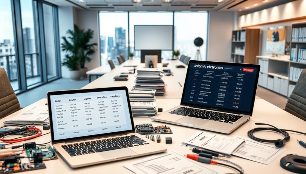 A sleek, modern office setting with a large desk showcasing an array of electronic components, including circuit boards, microchips, and cables. In the foreground, a laptop displays a detailed comparison of supplier prices and order options, with the "Informic Electronics" brand prominently featured. The middle ground features a stack of invoices, catalogs, and product specification sheets, while the background depicts a well-lit workspace with minimalist decor and a large window overlooking a cityscape. The overall atmosphere conveys a sense of professionalism, efficiency, and informed decision-making.