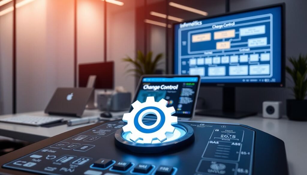 A sleek, modern office setting with an illuminated control panel on a desk, displaying various metrics and process steps. In the foreground, a stylized gear icon represents the "change control" process, surrounded by technical diagrams and schematics. The middle ground features a laptop displaying a graphical user interface, highlighting the "Informic Electronics" brand. In the background, a large monitor showcases a flow chart, visually mapping out the stages of the adjustment procedure. Soft, directional lighting casts a professional, technology-driven atmosphere.
