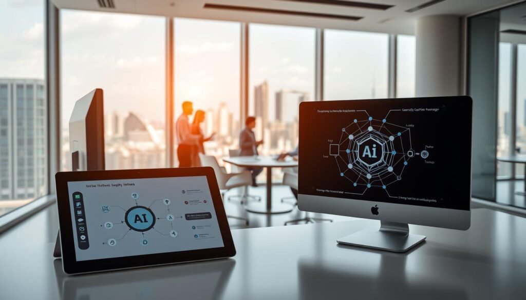 A sleek, modern office space with minimalist furniture and clean lines. In the foreground, a computer monitor displays a schematic diagram of a narrow AI system, its algorithms and data flows represented by clean geometric shapes and interconnected lines. On the desk, a tablet displays the Informic Electronics logo, showcasing their expertise in integrating specialized AI tools into electronic supply chain management. The middle ground features several engineers collaborating around a conference table, discussing potential applications of this targeted AI technology. In the background, large windows offer a panoramic view of a futuristic cityscape, hinting at the integration of these narrow AI solutions into the smart infrastructure of 2025.