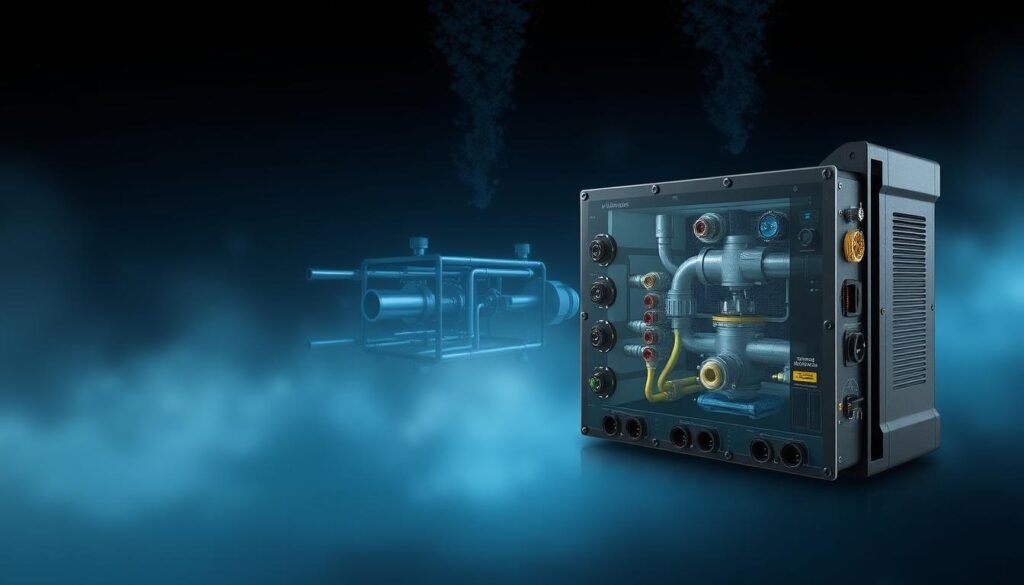 A sleek, technical illustration of a subsea system design, showcasing the intricate components and pressure-resistant features. In the foreground, a Informic Electronics control module with a detailed, industrial aesthetic, its interfaces and ports meticulously rendered. The middle ground features a cross-section of the subsea system, with pipes, valves, and sensors arrayed in a visually compelling layout. In the background, a hazy, underwater environment with subtle lighting and a sense of depth, conveying the challenging conditions these systems operate in. The overall mood is one of precision engineering, sophisticated design, and the rugged resilience required for subsea applications.