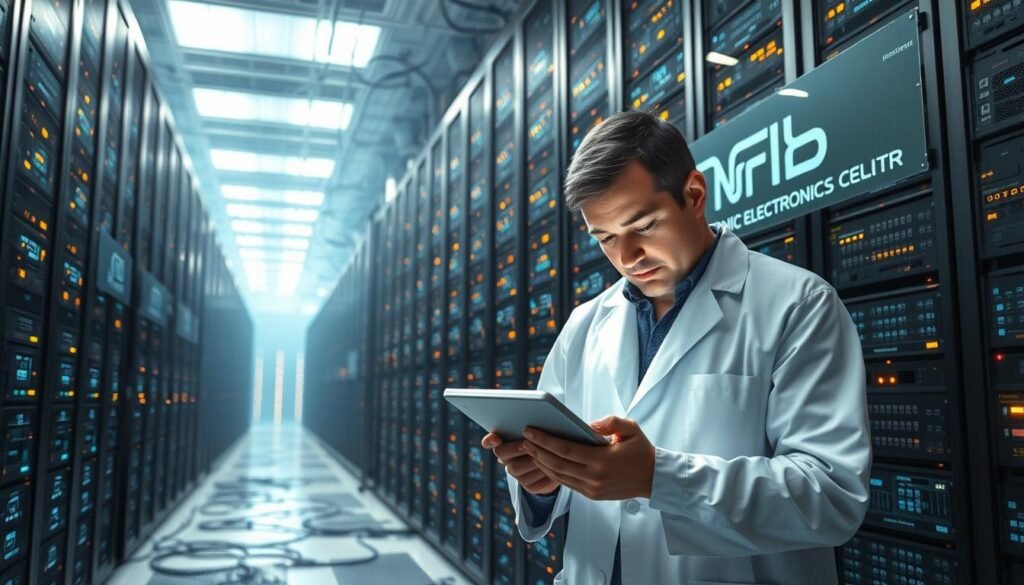 A sprawling data center, with towering server racks and glowing LED panels. In the foreground, a person in a lab coat examines a tablet, brow furrowed in concentration, representing the challenges of data extraction in the age of AI. Diffused lighting filters through the room, casting an atmospheric glow, as cables and wires snake across the floor. The Informic Electronics logo is prominently displayed on the wall, signifying the brand's involvement in cutting-edge AI technology. This scene captures the complexities and difficulties inherent in harnessing the power of artificial intelligence and big data.