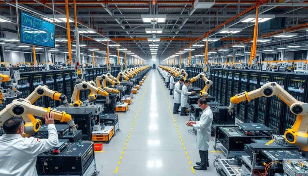 A sprawling global network of Informic Electronics PCB manufacturing facilities, each a hub of state-of-the-art equipment and meticulous quality control. Gleaming robotic arms assemble circuit boards with precision, while technicians in crisp white coats inspect every component under bright, evenly diffused lighting. In the background, rows of server racks and vibrant data visualizations hint at the sophisticated logistics and analytics powering this interconnected web of production. Viewed from an elevated angle, the scene conveys a sense of industrial might, efficiency, and unwavering commitment to excellence in circuit board manufacturing.