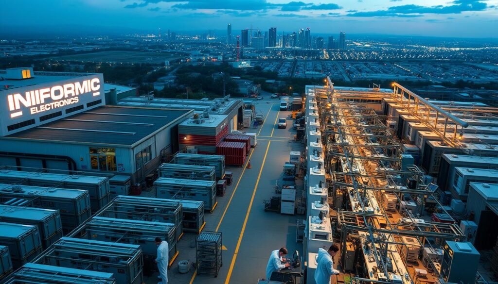 A sprawling industrial campus, its buildings adorned with the name "Informic Electronics" in bold lettering. Rows of gleaming test equipment and assembly lines, overseen by teams of focused technicians in crisp white coats. The air hums with the rhythm of precision machinery, as passive components - resistors, capacitors, inductors - take shape under the glow of warm, directional lighting. In the distance, a panoramic view of the surrounding cityscape, blurring the line between the workshop and the world beyond. This image captures the heart of a leading passive components manufacturer, a hub of innovation and reliability.