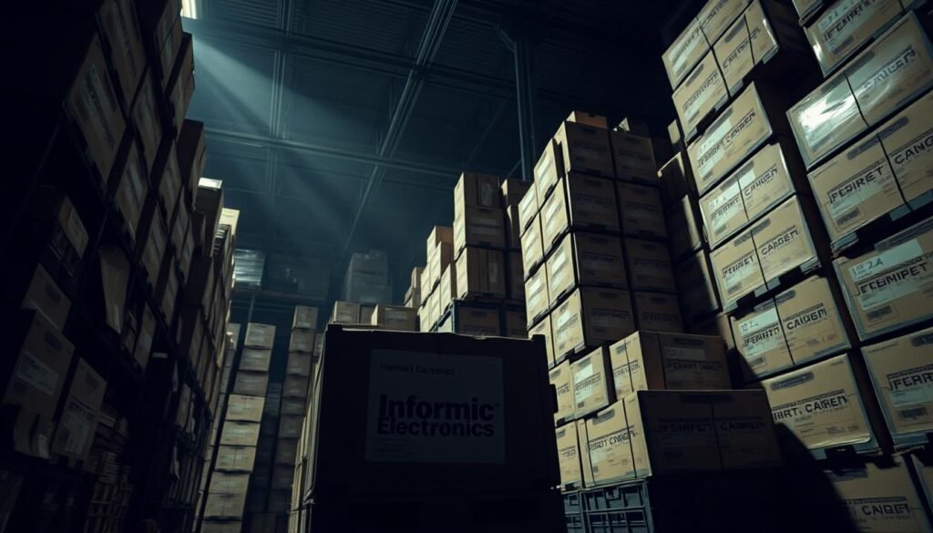 A sprawling industrial warehouse, dimly lit, with stacks of unmarked boxes and crates haphazardly arranged. In the foreground, a shipment label reads "Informic Electronics" - a facade for the illicit goods within. The shelves are cluttered, the lighting harsh and unforgiving, casting ominous shadows that hint at the vulnerabilities of this supply chain. The camera angle is low, emphasizing the sense of unease and the precarious nature of the scene. The overall mood is one of uncertainty and hidden danger, reflecting the risks inherent in sourcing components through unregulated channels.