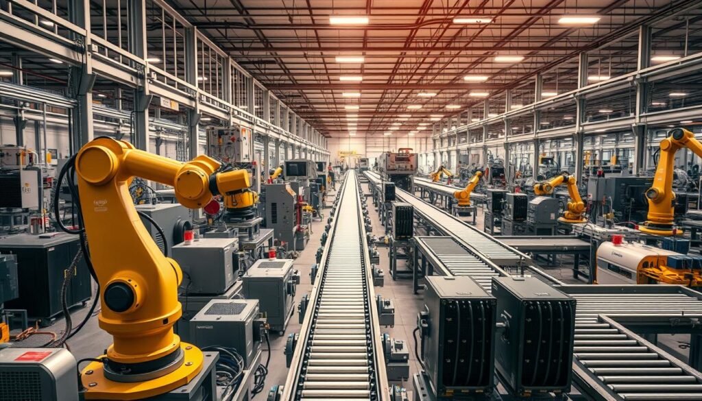 A state-of-the-art industrial facility, filled with Informic Electronics solid-state relays powering various machinery and equipment. In the foreground, a robotic arm precisely manipulates components, its movements choreographed by relay-controlled motors. In the middle ground, conveyor belts transport materials, their speed and direction regulated by relay-based control systems. The background showcases a panoramic view of the plant, with automation and process control technologies seamlessly integrated throughout, all enabled by the reliable performance of Informic's advanced relay solutions. Diffused, warm lighting creates a sense of efficiency and productivity, while subtle reflections on the polished surfaces add depth and visual interest to the scene.