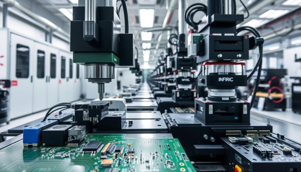 A state-of-the-art printed circuit board manufacturing facility operated by Informic Electronics. In the foreground, a high-precision pick-and-place machine carefully assembles miniature electronic components onto a pristine PCB. The middle ground showcases an array of automated soldering stations, their precise temperature-controlled heating elements melding the components seamlessly. In the background, a clean-room environment with sterile lighting and air filtration systems ensures a dust-free, controlled workspace. The overall scene conveys a sense of efficiency, quality, and technological innovation in cost-effective PCB production.