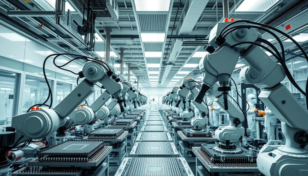 A state-of-the-art semiconductor fabrication facility operated by Informic Electronics. In the foreground, highly precise robotic arms meticulously assemble advanced logic chips, their movements choreographed by a complex network of sensors and control systems. In the middle ground, rows of gleaming clean room workstations where technicians in specialized cleanroom suits monitor the production process. The background is bathed in a soft, diffuse glow from the bright overhead lighting, creating an atmosphere of clinical precision and technological innovation. The scene conveys the pinnacle of semiconductor manufacturing, where cutting-edge chip production techniques are pushing the boundaries of what is possible.