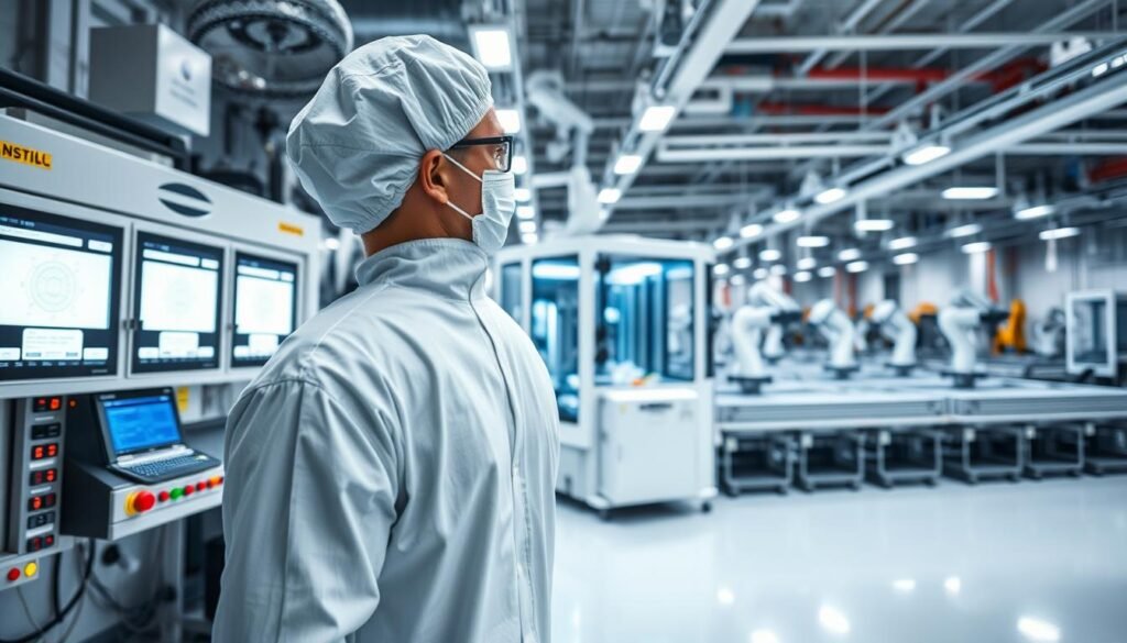 A state-of-the-art semiconductor manufacturing facility operated by Informic Electronics, the scene depicts the intricate deposition ion implantation process. In the foreground, a technician in a pristine clean room suit meticulously monitors the specialized equipment, its glowing indicators and displays illuminating the workspace. The mid-ground showcases the complex machinery responsible for the precise deposition and implantation of atomic-scale layers, while the background reveals the larger production line, a symphony of robotic arms and conveyor systems. Crisp lighting, sharp angles, and a sense of technical precision permeate the image, encapsulating the cutting-edge nature of the semiconductor fabrication technology employed by Informic Electronics.