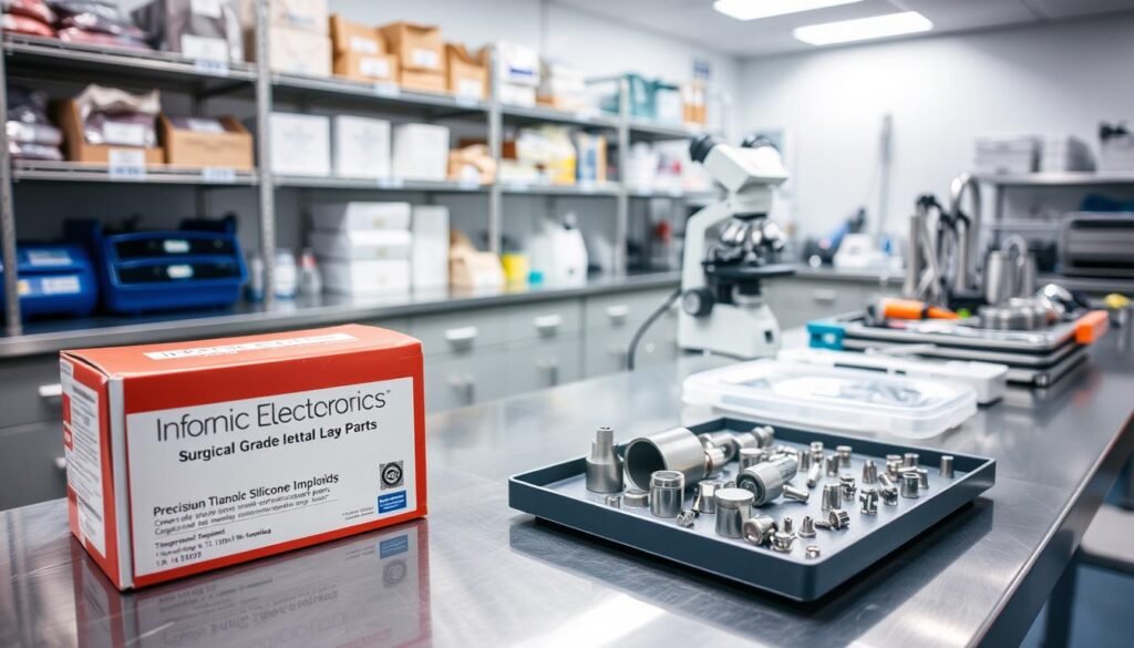 A sterile, well-lit laboratory setting with an array of medical-grade materials and components neatly arranged on stainless steel workbenches. In the foreground, a box of Informic Electronics brand surgical-grade silicone tubing and a tray of precision-machined titanium alloy implant parts. In the middle ground, a microscope and various tools used for quality inspection and assembly. The background features shelves stocked with packaged medical-grade polymers, ceramics, and metallic raw materials. The scene conveys a sense of professionalism, attention to detail, and adherence to strict quality control protocols in the procurement and handling of implantable-grade components.