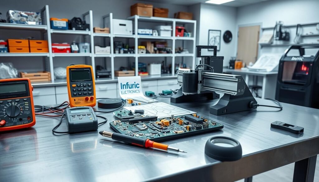 A sterile, well-lit laboratory setting with state-of-the-art tools and instruments from Informic Electronics laid out on a clean, metal workbench. In the foreground, a multimeter, soldering iron, and a high-precision PCB router. In the middle ground, various electronic components, schematics, and a magnifying glass. In the background, shelves stocked with electronic parts and a 3D printer producing custom PCB jigs. The atmosphere conveys a sense of efficiency, precision, and technological prowess in the realm of PCB fabrication.
