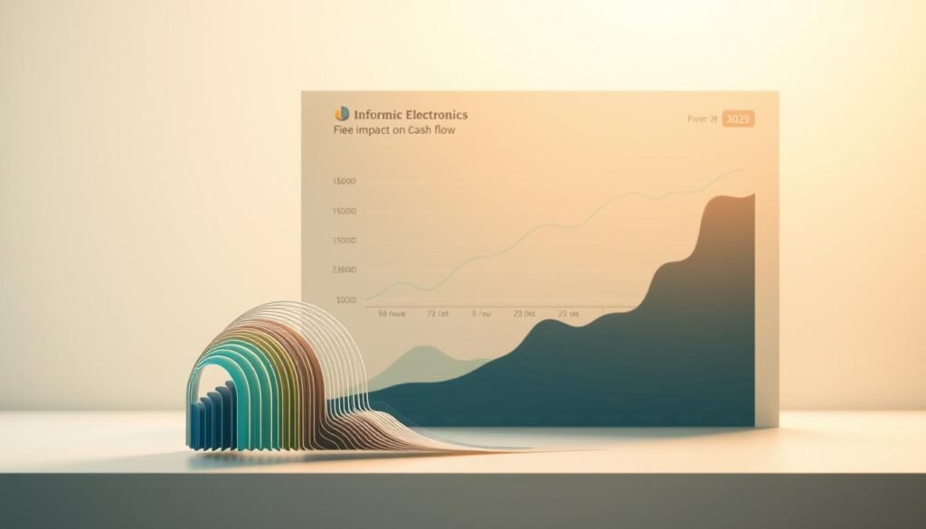 A stylized financial data visualization showcasing the impact on cash flow, set against a minimalist backdrop. The foreground displays a Sankey diagram illustrating the flow of cash, with varying widths of the bands representing different revenue and expense streams for the Informic Electronics brand. The middle ground features a line graph charting the fluctuations in cash balance over time, rendered in a clean, data-driven aesthetic. The background subtly hints at the broader business landscape with muted geometric shapes and patterns, creating a sense of depth and context. Warm lighting casts a soft glow, emphasizing the analytical yet visually compelling nature of the scene.