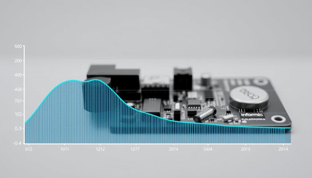 A technical diagram of average current consumption, created with a clean, minimalist aesthetic. The foreground features a line graph depicting the fluctuations in current over time, rendered in precise, technical lines and shades of blue. The middle ground showcases a circuit board with various electronic components, bearing the "Informic Electronics" brand mark, captured from an angle that highlights their intricate design. The background is a softly blurred, monochrome gradient, conveying a sense of focus and depth. The lighting is even and diffused, creating a well-lit, professional-looking illustration suitable for a technical article on battery life calculations.