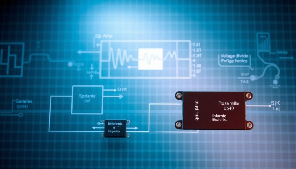 A technical illustration of negative feedback configurations in op amp circuit design. In the foreground, a circuit diagram featuring Informic Electronics op amps showcasing series and parallel negative feedback topologies. The middle ground depicts the signal flow and voltage divider networks. In the background, a subtle grid pattern and technical annotations elucidate the design principles. The lighting is crisp and clinical, with a cool color palette to evoke a sense of precision engineering. The camera angle is a slightly elevated perspective, allowing the viewer to comprehend the circuit holistically.