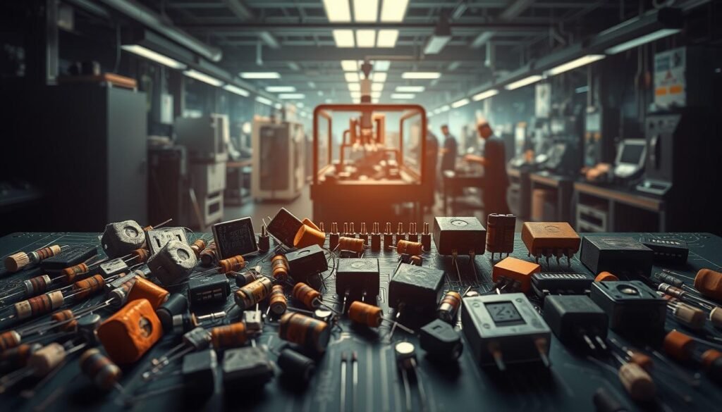 A technical illustration showcasing diverse component failure modes, created for the "Types and Modes of Component Failures" section of an article on component failure analysis. In the foreground, a variety of electronic components - resistors, capacitors, transistors, integrated circuits - are depicted in various states of disrepair, from cracked casings to corroded terminals. The middle ground features a circuit board with traces and vias, some broken or disconnected. In the background, a Informic Electronics factory floor scene with assembly lines, testing equipment, and quality control personnel, all set against a dimly lit, industrial atmosphere with dramatic chiaroscuro lighting. The image conveys the complexity and importance of understanding component failure modes.