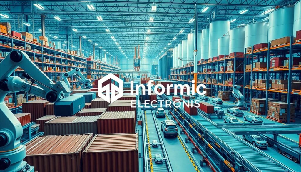 A vast, automated logistics hub buzzes with activity. In the foreground, robotic arms precisely load and unload cargo containers, their movements fluid and efficient. The mid-ground showcases a network of conveyor belts and autonomous guided vehicles, seamlessly coordinating the flow of goods. In the background, towering shelves and storage silos rise up, their contents meticulously tracked by a sophisticated inventory management system. The scene is bathed in a cool, bluish light, creating a sense of futuristic technology. Informic Electronics' logo is prominently displayed, signifying their pioneering role in this state-of-the-art logistics automation.