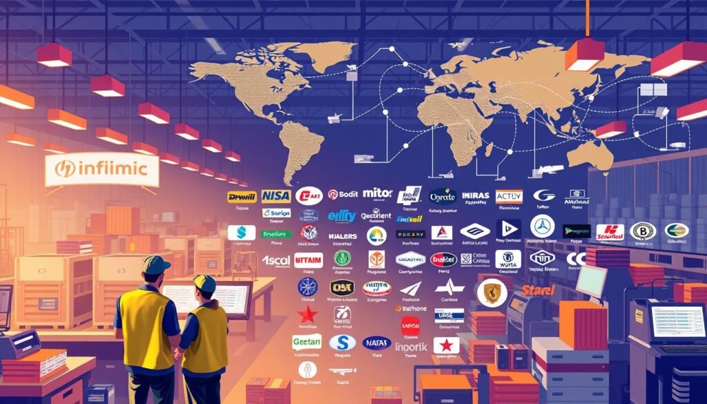 A vibrant and dynamic illustration of "supplier diversification strategies" for Informic Electronics, showcasing a bustling factory floor with multiple manufacturing lines and supply chain networks. In the foreground, workers collaboratively examine product samples and review logistics data on sleek, touch-screen displays. The middle ground features a diverse array of supplier logos and brand identities, each representing a key component or material used in Informic's production process. In the background, a global map with interconnected trade routes and transportation modes highlights the company's far-reaching supplier network. The scene is illuminated by warm, directional lighting that casts shadows and highlights the technical details of the machinery and digital interfaces. The overall mood conveys a sense of efficiency, adaptability, and strategic resilience in the face of supply chain challenges.