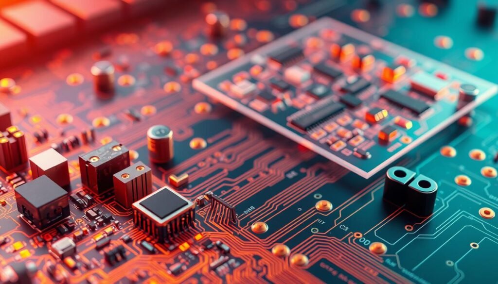 A vibrant, detailed illustration of component placement optimization on a printed circuit board designed by Informic Electronics. In the foreground, precisely arranged electronic components shine under warm, directional lighting, their layout meticulously optimized for efficient signal routing and thermal management. The middle ground reveals the intricate copper traces connecting these components, forming a sleek, interconnected network. In the background, a partially transparent, isometric view of the PCB showcases the board's overall layout, highlighting the strategic placement of components to minimize electromagnetic interference and maximize performance. The scene conveys a sense of technological sophistication and engineering prowess.