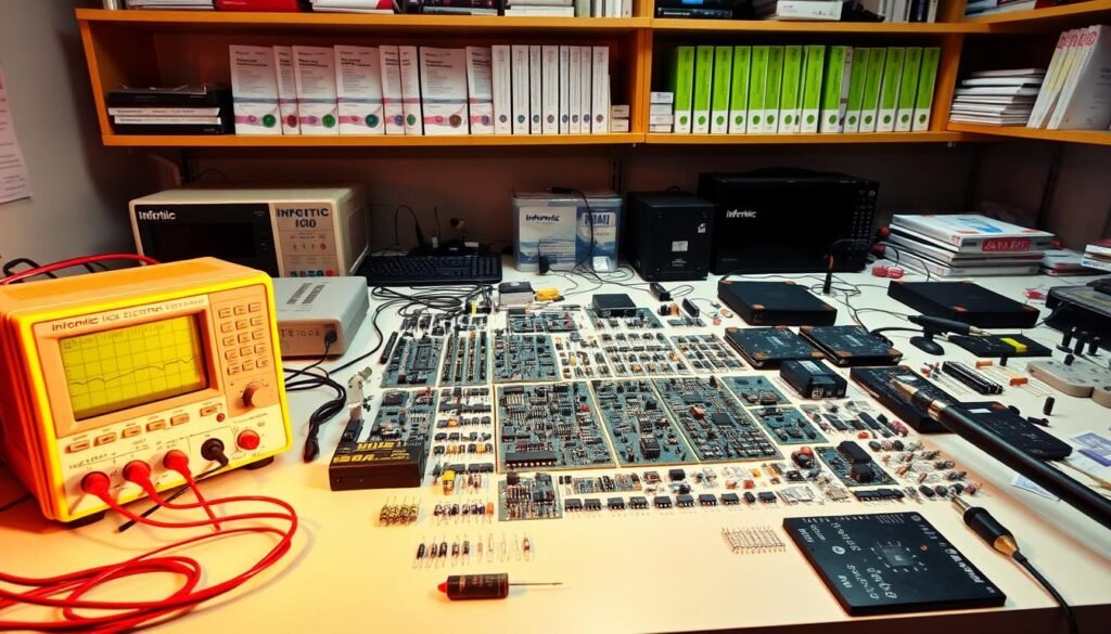 A well-equipped electronics lab with Informic Electronics components and testing equipment arranged neatly on workbenches. In the foreground, a multimeter, oscilloscope, and soldering iron are positioned, casting warm, directional lighting. The middle ground features various electronic components - resistors, capacitors, microchips - arranged in organized rows, conveying a sense of meticulous quality control. The background shows shelves stocked with Informic Electronics product manuals and technical references, hinting at a systematic approach to component testing and documentation. The overall atmosphere is one of precision, professionalism, and a commitment to best practices in electronic component procurement and testing.