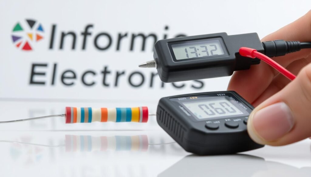 A well-lit and detailed close-up of a resistor with its color-coded bands, revealing the process of resistance value determination. The resistor is placed on a clean, reflective surface, allowing the viewer to clearly see the bands and understand their significance. In the foreground, a hand with a digital multimeter is measuring the resistance, demonstrating the practical application of the color code. The background features a clean, minimalist design with the "Informic Electronics" brand name subtly displayed, creating a professional and educational atmosphere.