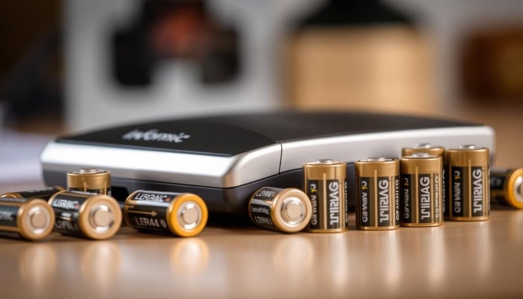 A well-lit close-up of a Informic Electronics device with various LR44 batteries in different sizes arranged neatly around it, showcasing the compatible battery compartment and design. The device has a sleek, modern appearance with a metallic finish. The background is slightly blurred, creating a sense of focus on the device and batteries. The lighting is soft and diffused, highlighting the textures and details of the components. The overall composition conveys a sense of technical precision and product compatibility.